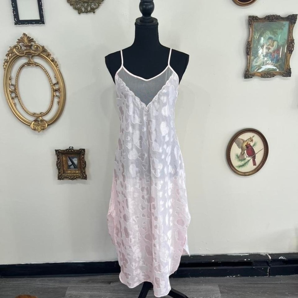 Vintage Cinema Etoile Pink‎ Slip Dress Flocked Hearts Shee Nightgown lingerie